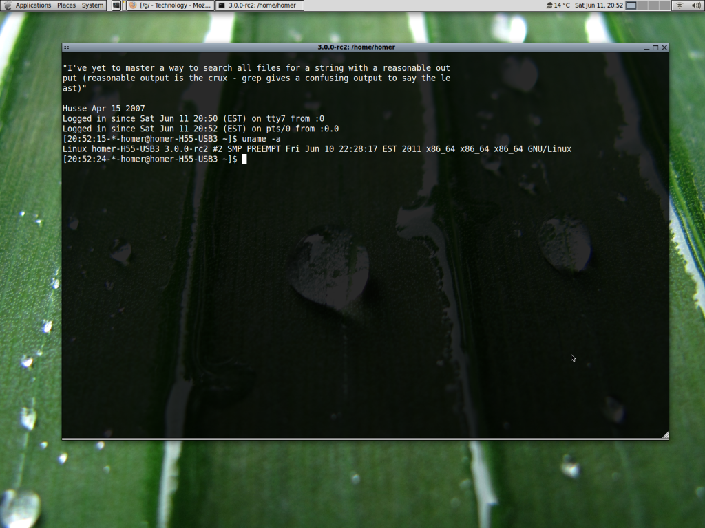 Linux Mint 11 running the 3.0.0-rc2 kernel.