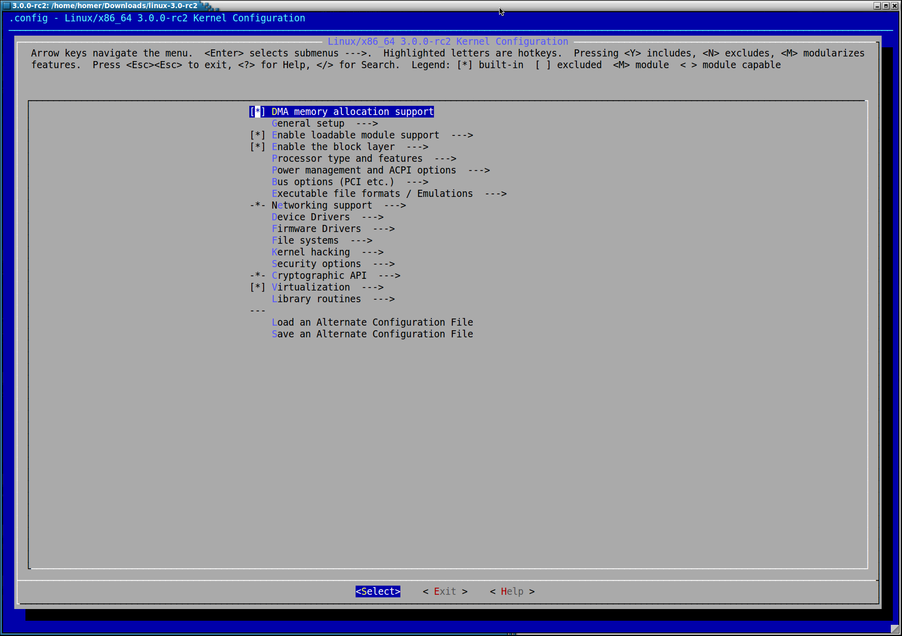 Linux kernel menuconfig 3.0.0-rc2.