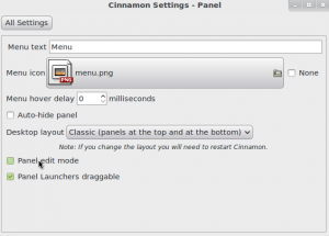 Cinnamon panel settings.
