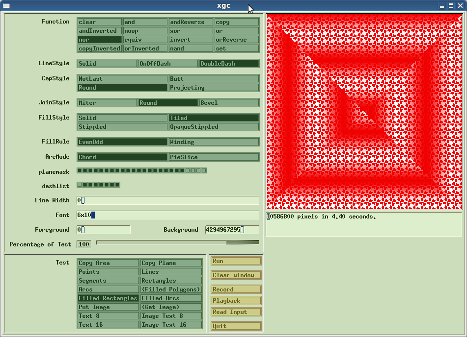 Linux xgc program. A simple utility to test various options to create X Graphics Primitives.