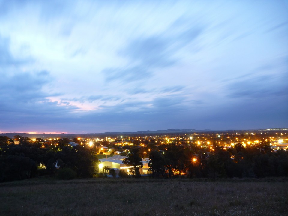 Wagga Wagga at night; lovely lighting and blurred clouds.