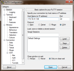 Using Putty to log into an Ubuntu 12.04 server remotely with SSH.