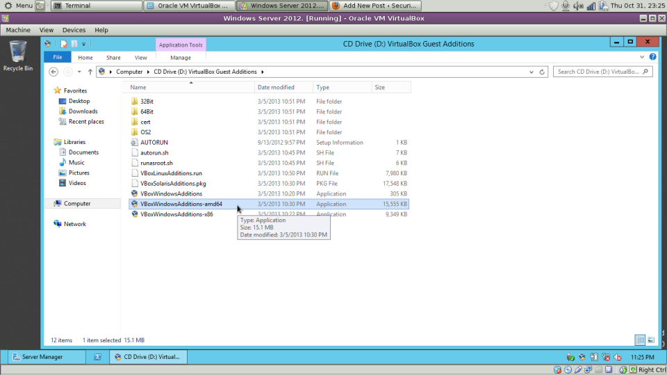 Installing the guest additions in Windows 2012.