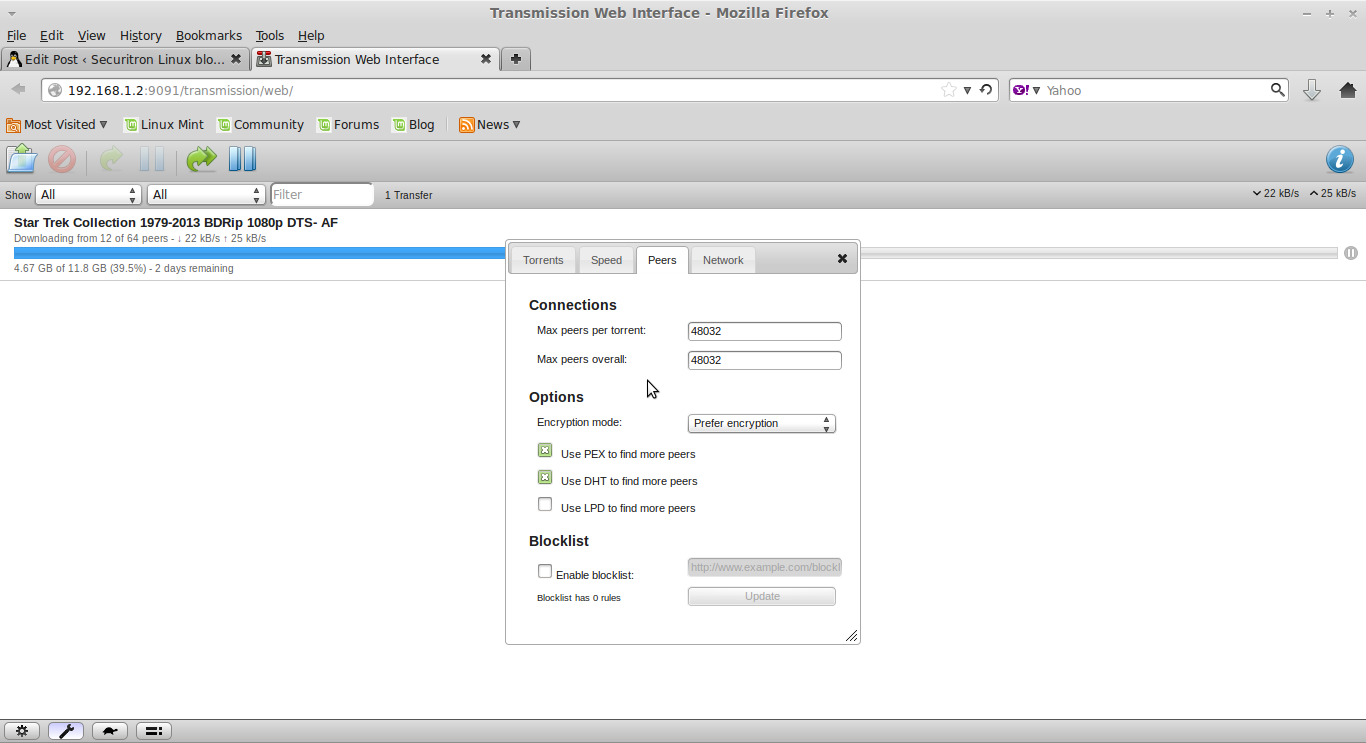 Transmission peers settings.