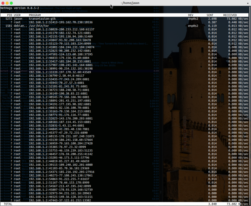 The nethogs utility viewing bandwidth usage on a Linux PC.