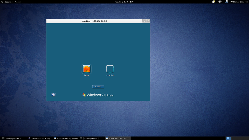 Debian rdesktop example. Connecting to Windows 7.