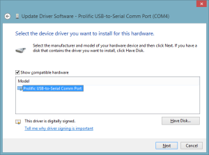 Updating the Prolific driver in Device Manager.