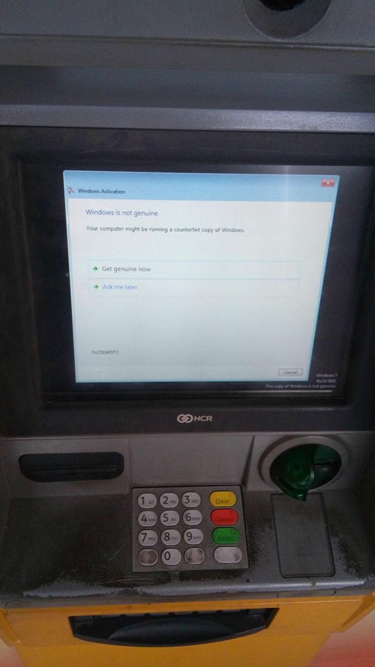 Windows 7 activation on an ATM machine.