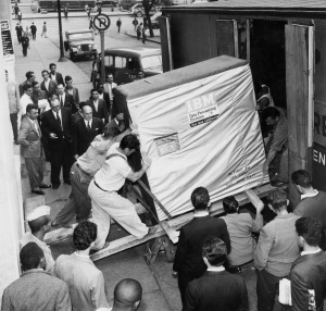 50,000 dollar hard disk drive being loaded onto a truck.