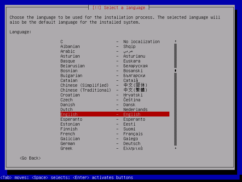Debian 8 language selection.