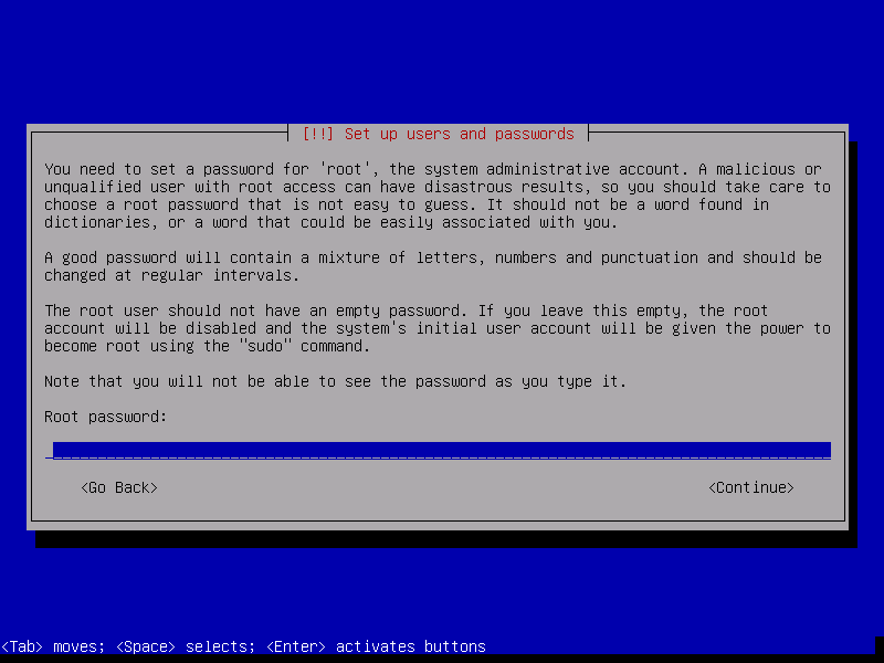 Debian 8 netinstall. Setting a root password.