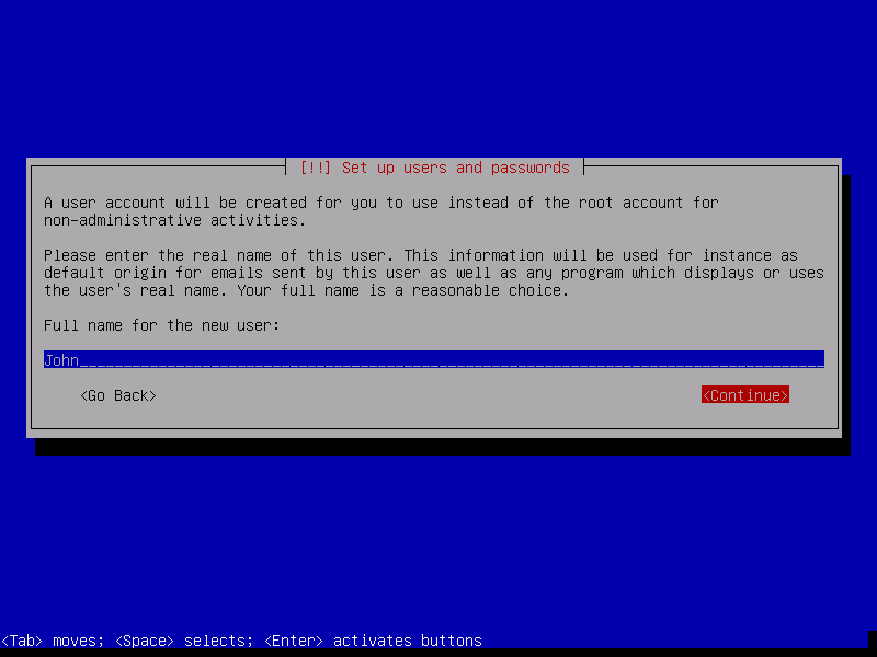 Debian 8 netinstall. Setting a name for the new user.