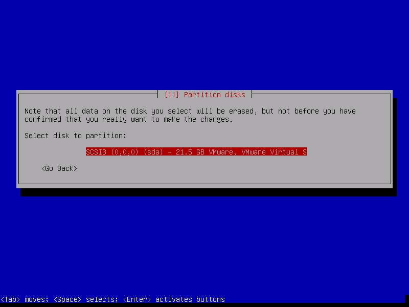 Debian 8 partitioning. Select the drive to partition.