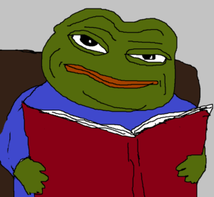 Kek Frog meme reading a book.