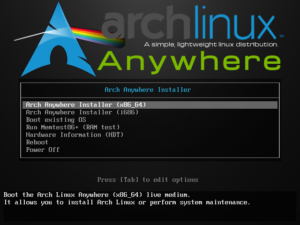 Arch Anywhere boot screen.