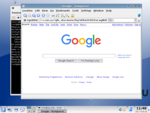 KDE 3.4 desktop with Konqueror web browser open.