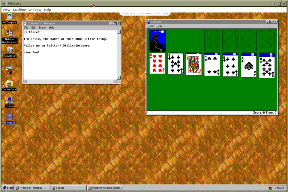 Running Windows `95 in a window on a modern Gnome desktop.