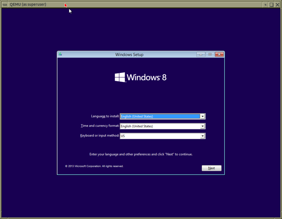 Installing Windows 10 enterprise in a qemu VM.