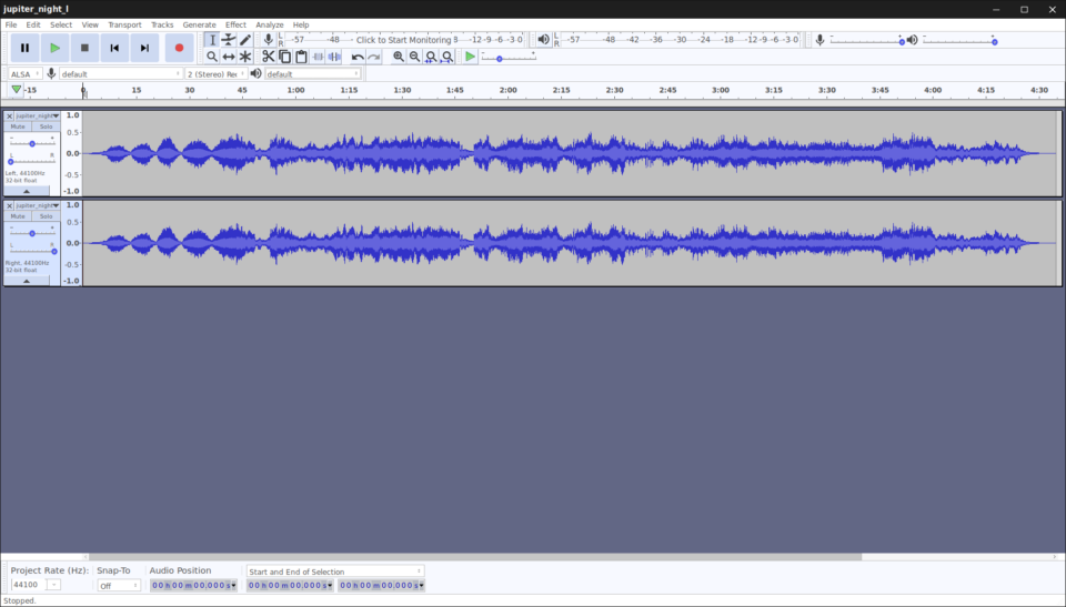 Mixing 2 left and right audio tracks with Audacity on Linux.