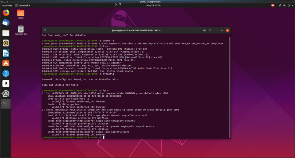 Ubuntu 19.04 desktop in qemu. This is visually stunning.