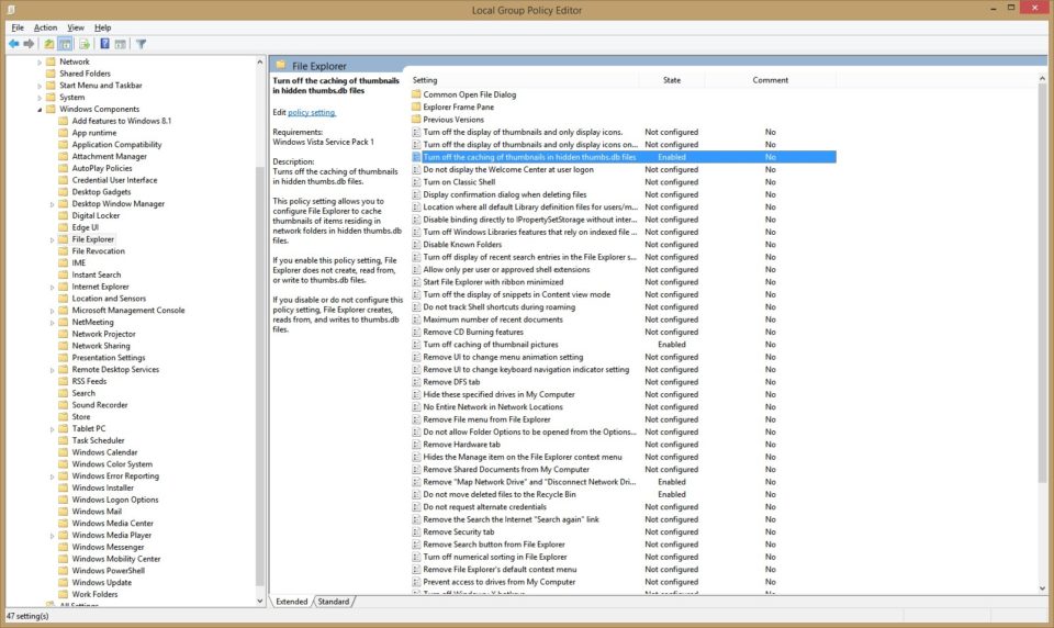Using Group Policy Editor to turn off thumbs.db files.