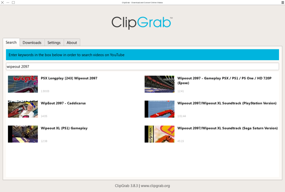 Using the Clipgrab application to search for a video to download.