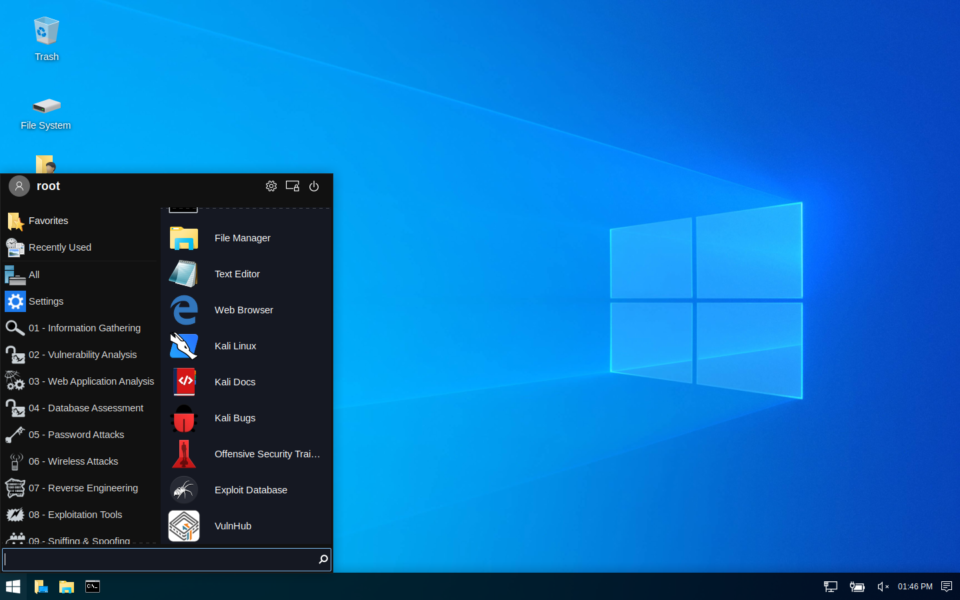 Kali Linux Windows 10 desktop theme.
