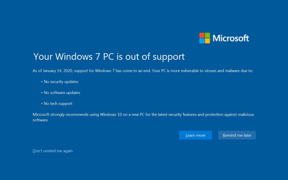 Windows 7 end of support dialog.