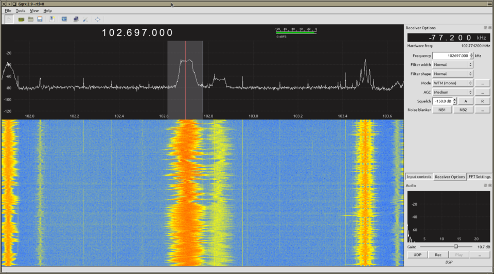 Using gqrx to listen to the radio on Linux.