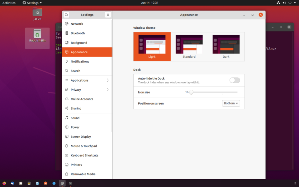 Setting the dock on the bottom of the screen in Ubuntu 20.04.