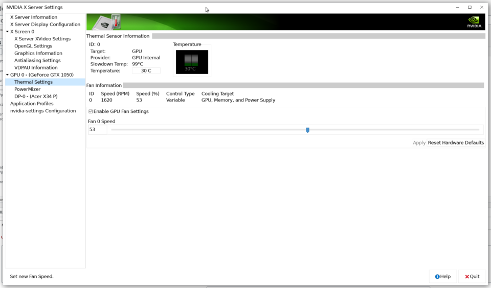 Setting Nvidia fan speed on Linux with the GUI.