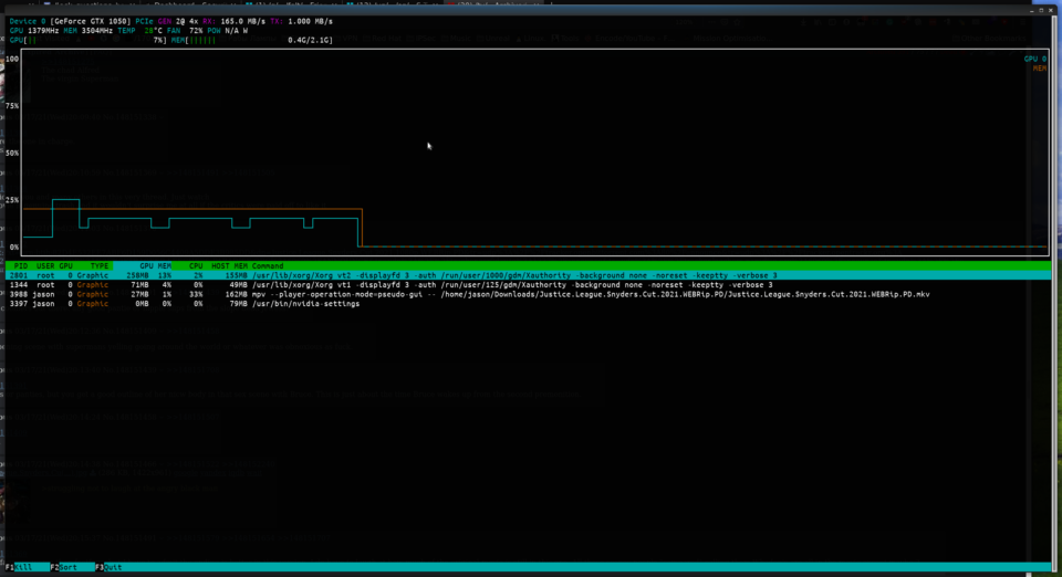 Using nvtop on Linux to show processes using the graphics card.