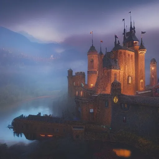 A lovely photo of a castle in Germany, dusk.