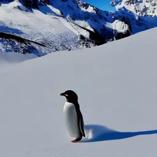A Linux Tux penguin on a ski slope in the Alps.