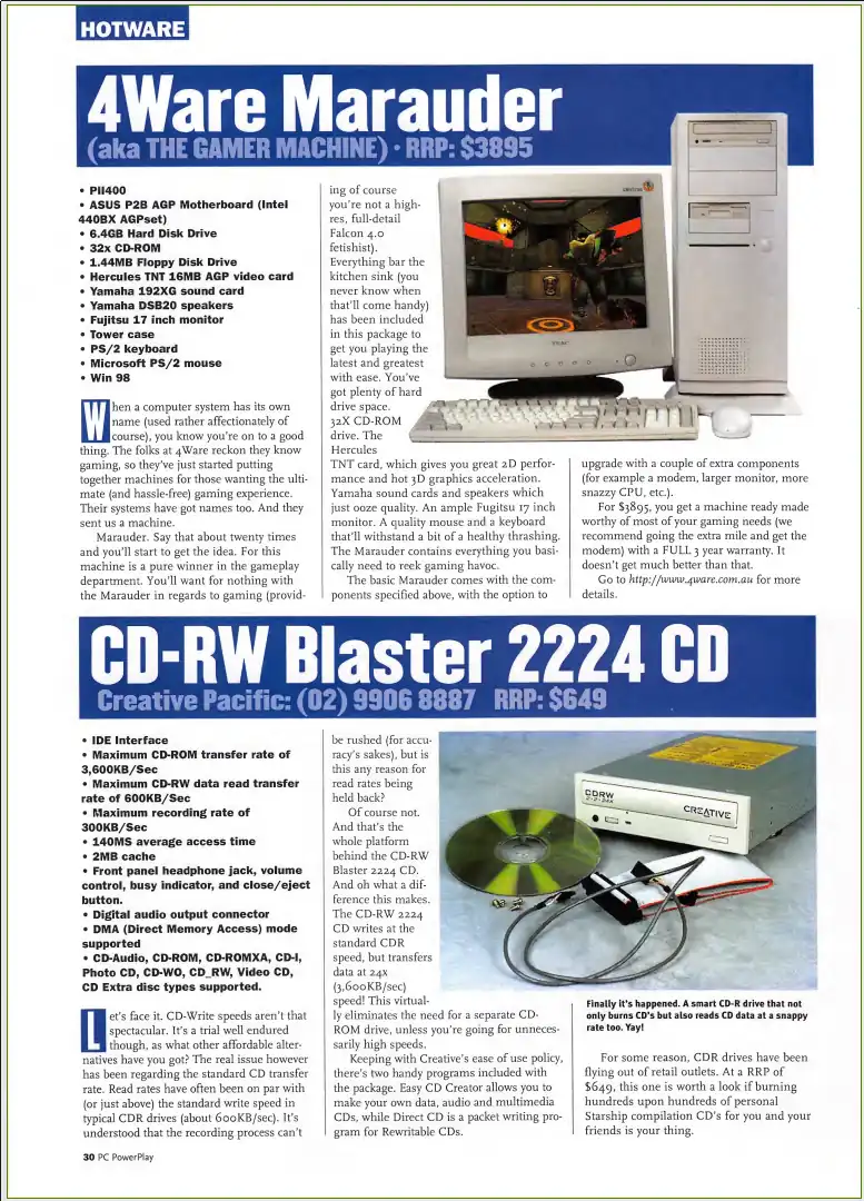 A very old computer and a CD drive from 1999 in a computer gaming magazine.