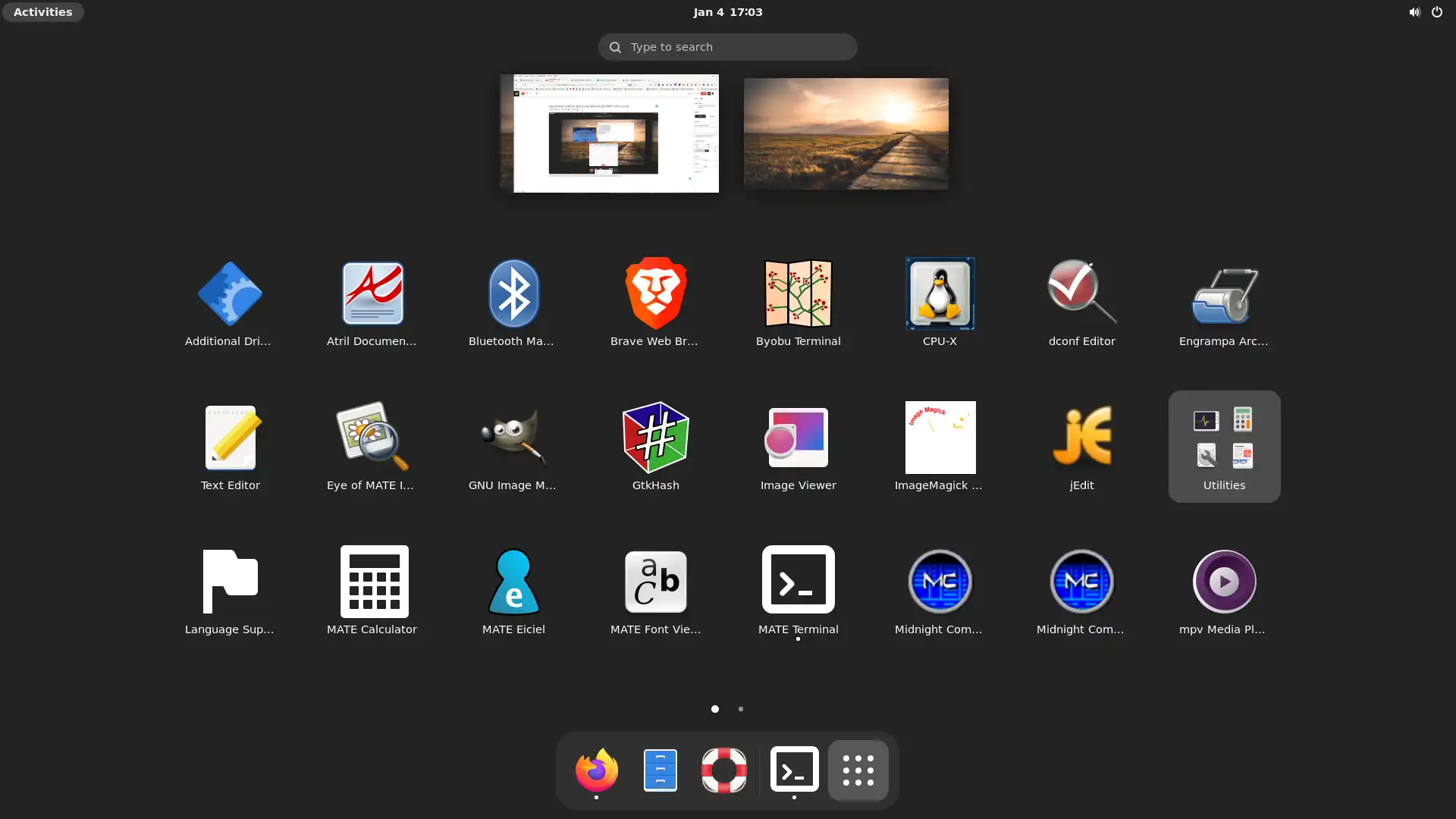 The Gnome Shell Linux desktop with the Applications view open.