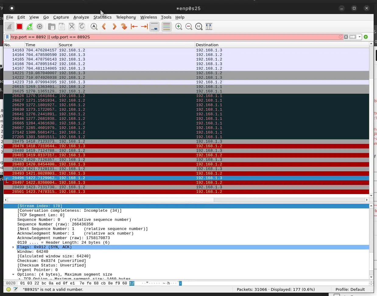 Viewing sent and received packets in Wireshark.
