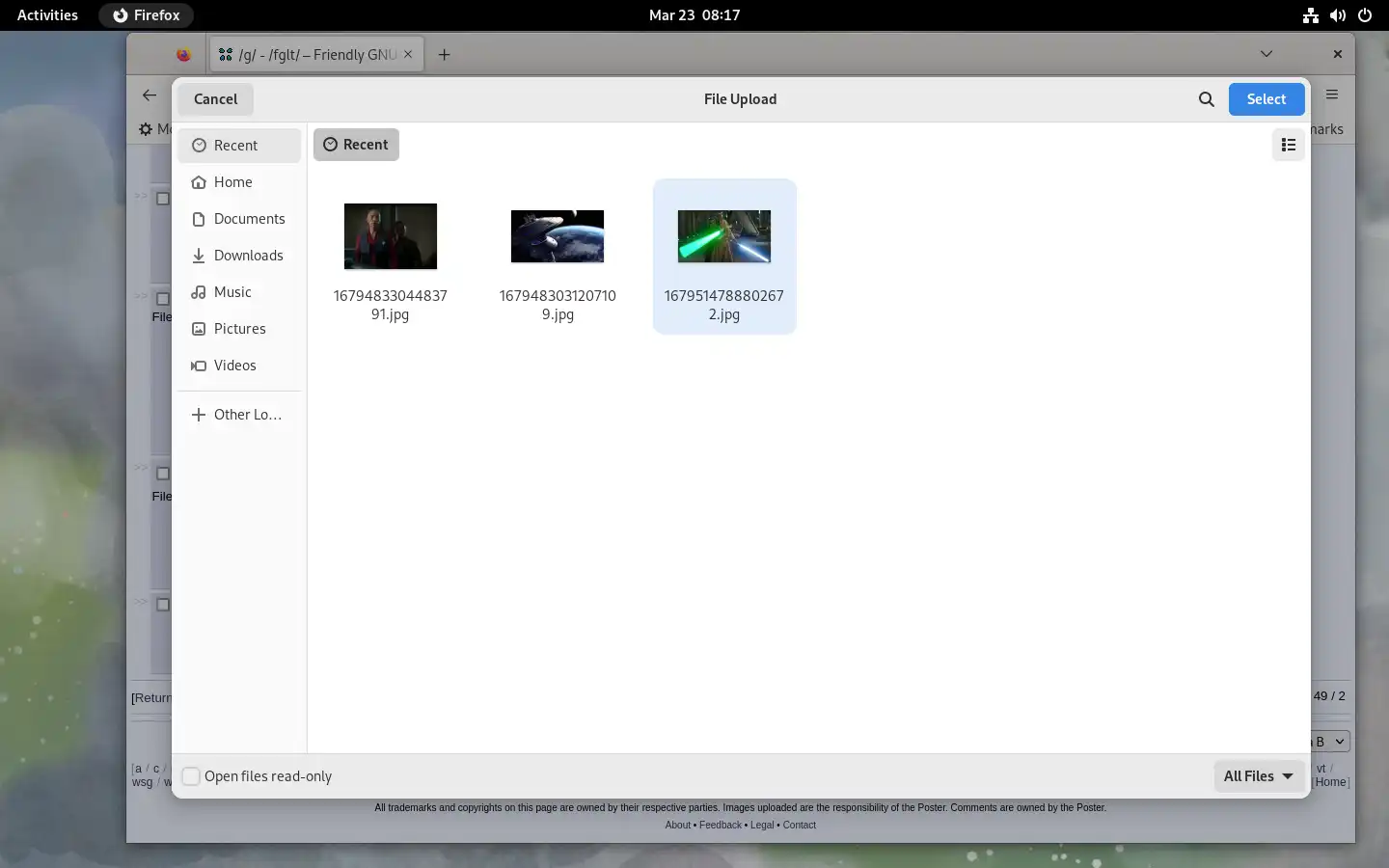 The new file picker in Fedora 38. Viewing some image thumbnails.