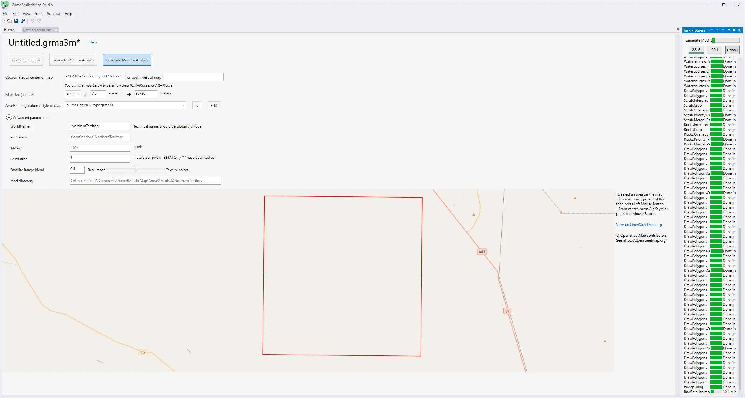 Creating an Arma 3 terrain in GameRealisticMap Studio.