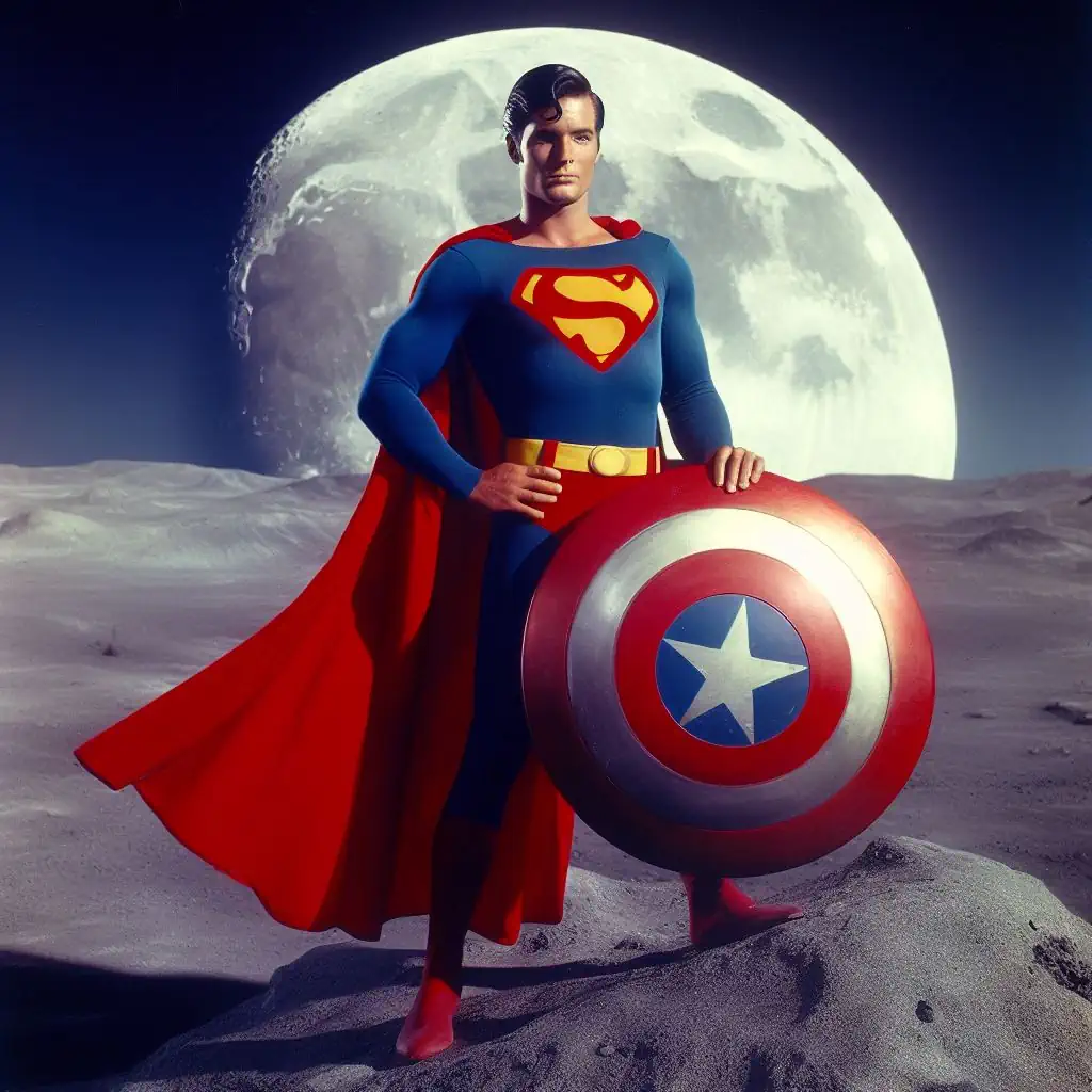 Superman on the moon, holding captain america`s shield, daytime lighting and the highest possible rendering quality.
