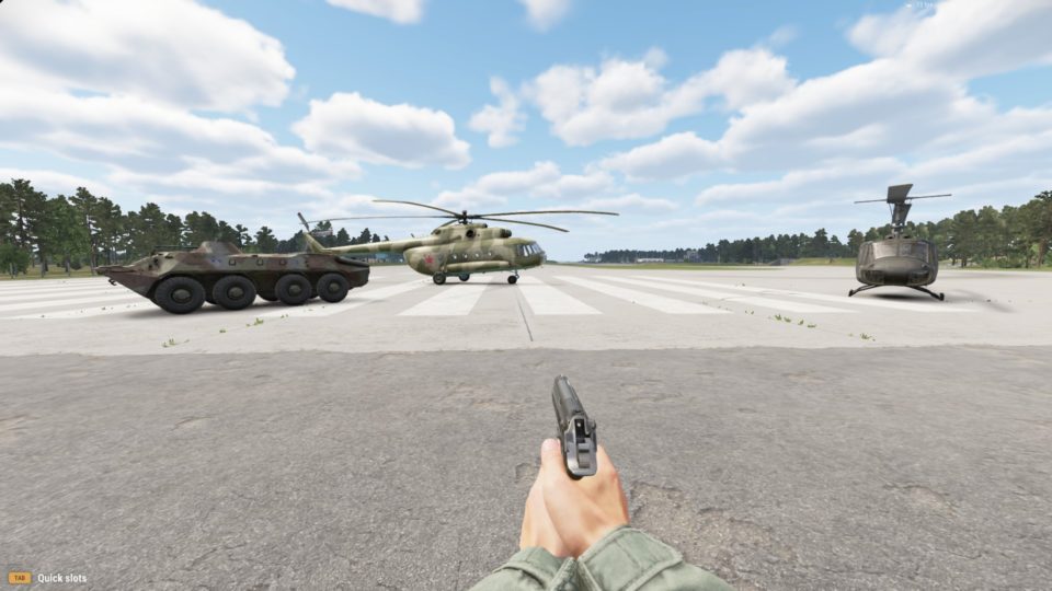 Arma Reforger helicopters and a BTR-60.