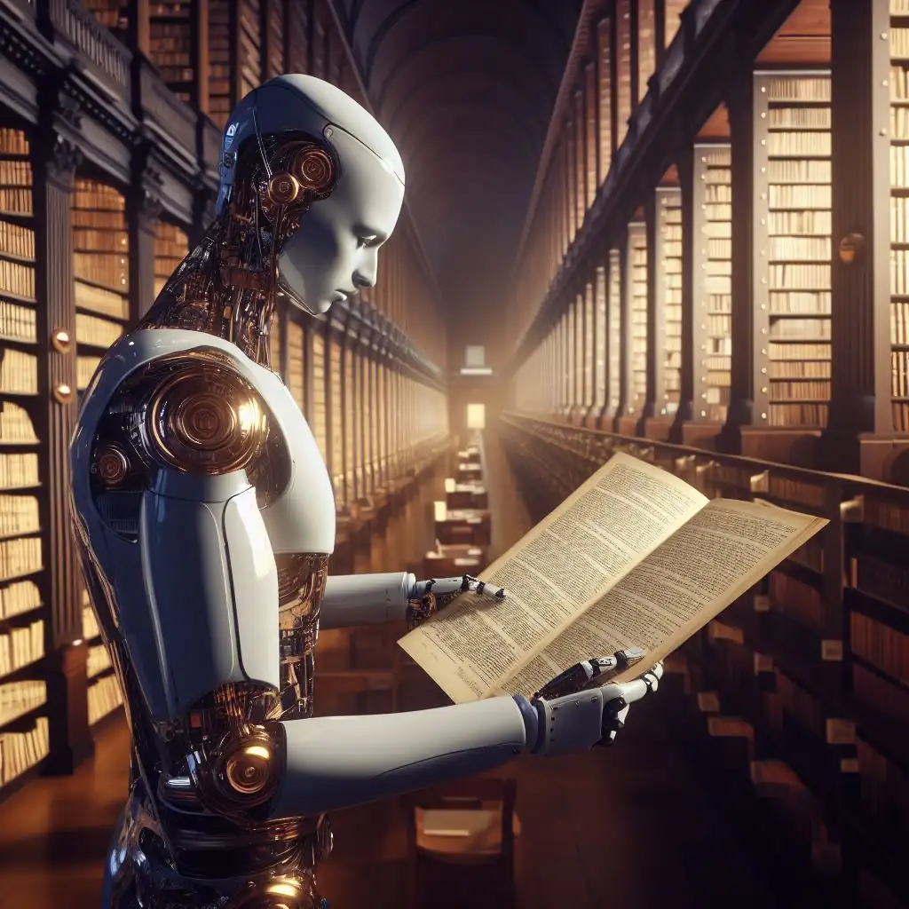 A Large Language model in the form of a humanoid android looking through documents in a large library, 1761, high fidelity painting, late afternoon lighting.