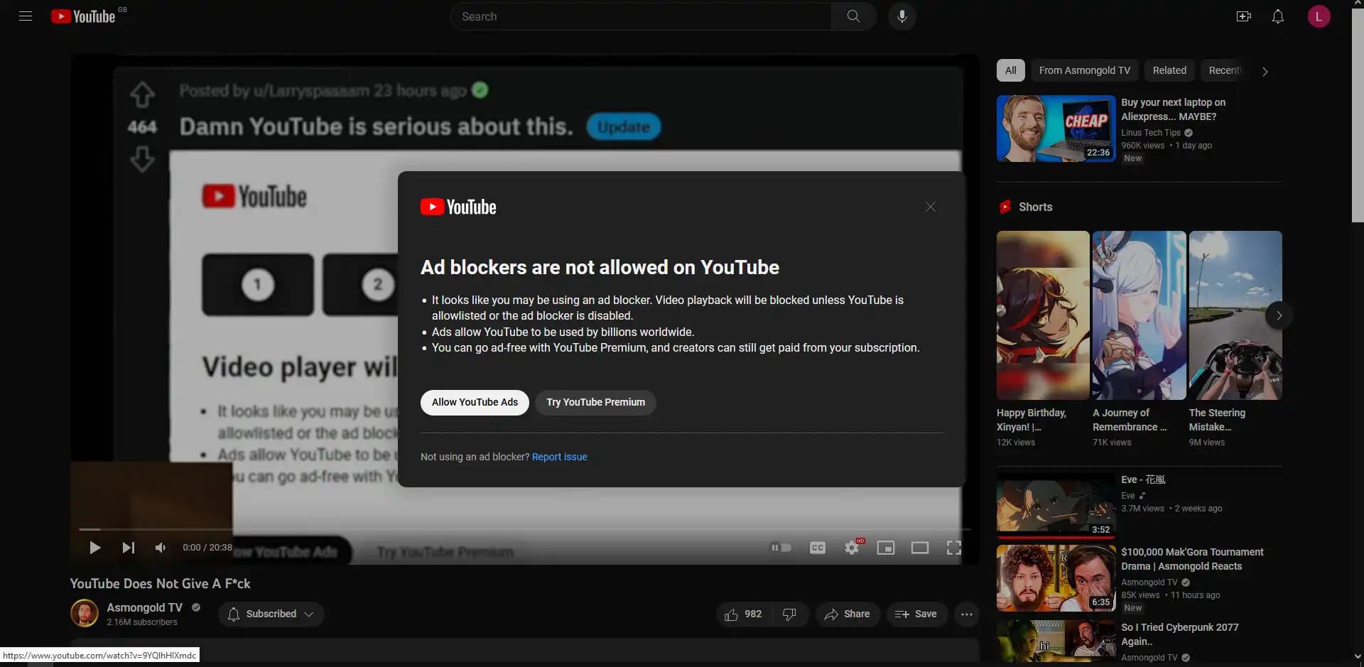 Annoying pop-up on YouTube. This is aggravating.