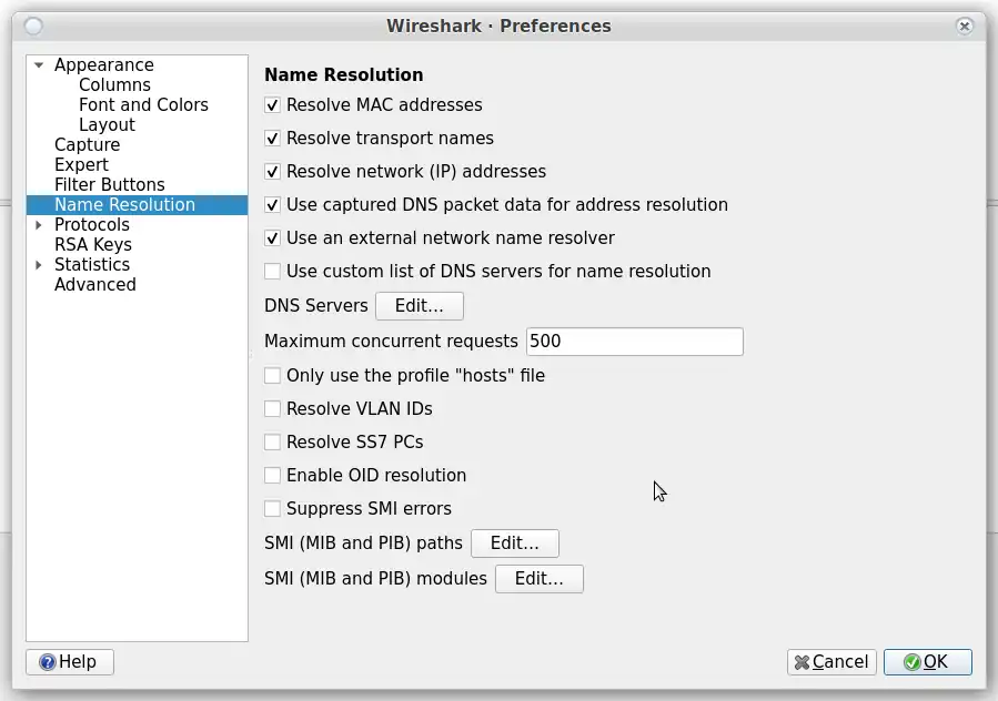 Setting name resolution options in Wireshark.