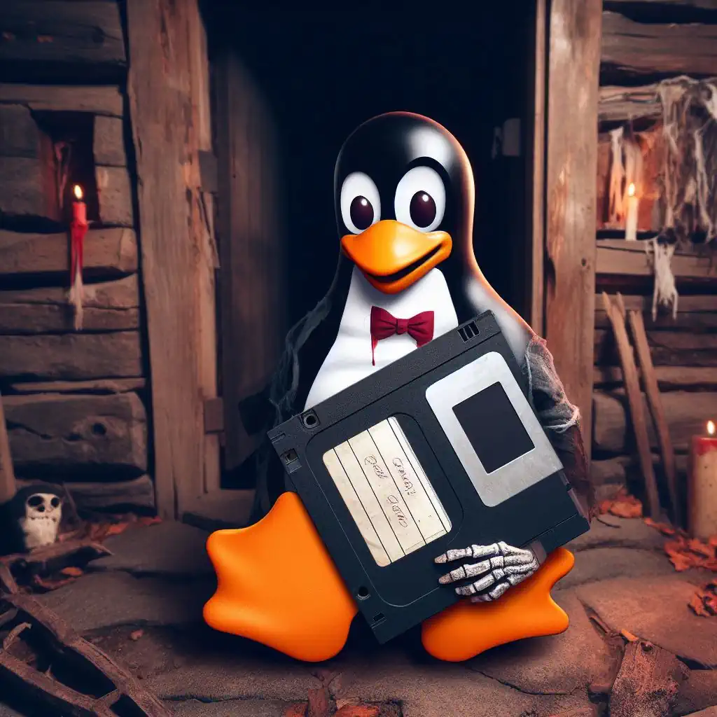 A halloween themed Linux penguin as a zombie inside an old wooden house in 1900. Carrying an old huge floppy disk.
