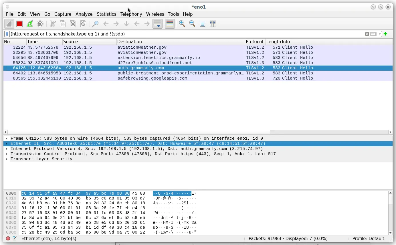Wireshark running a scan on Linux.