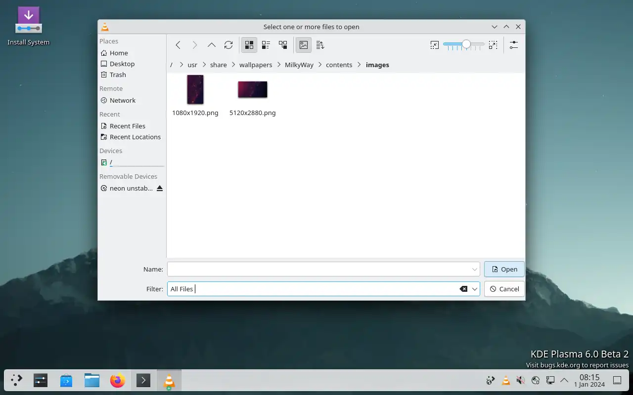 KDE Plasma 6 desktop showing thumbnails in the file picker.
