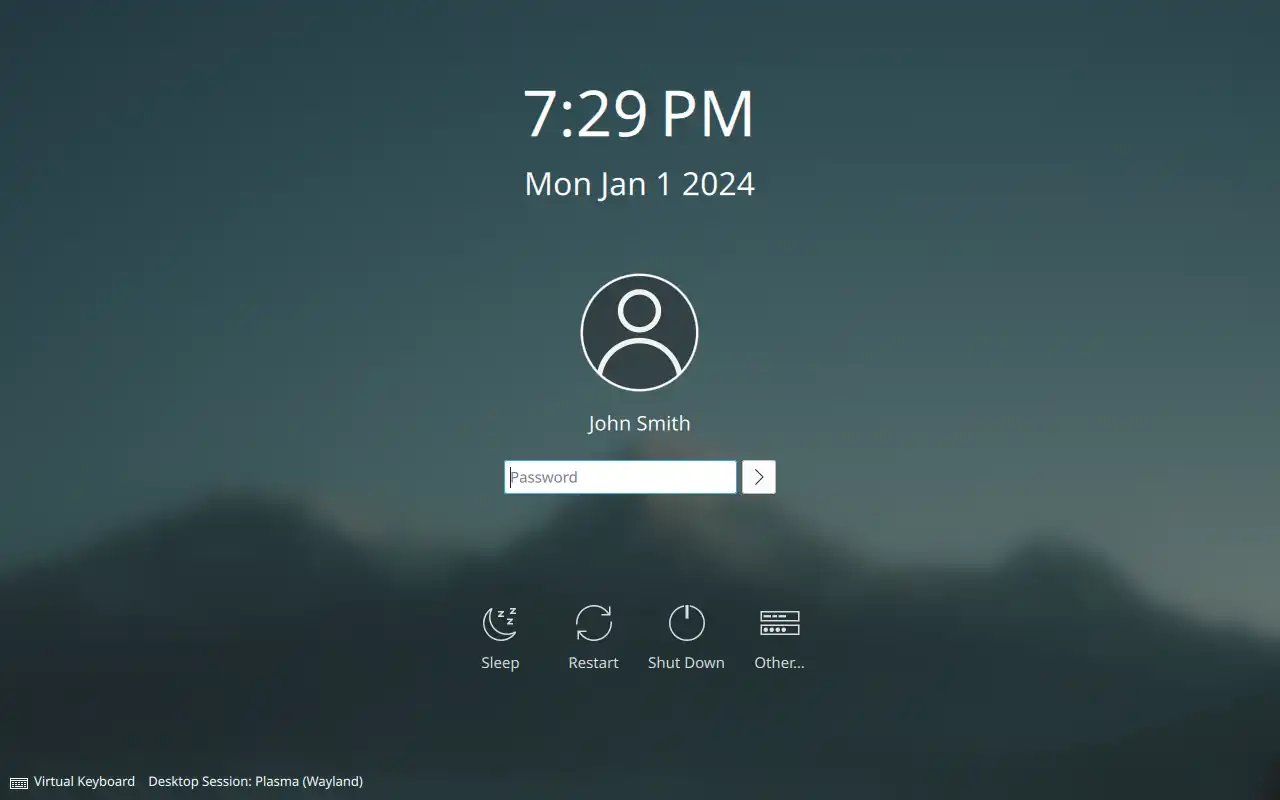 The KDE Plasma 6 desktop login screen.